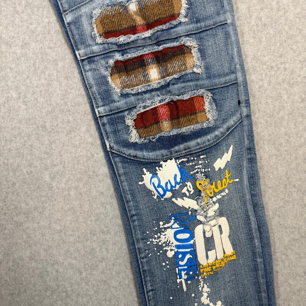Copper Rivet Distressed Moto Mens Jeans Plaid Rip & Repair Light Blue 38x32 Slim - Picture 9 of 16